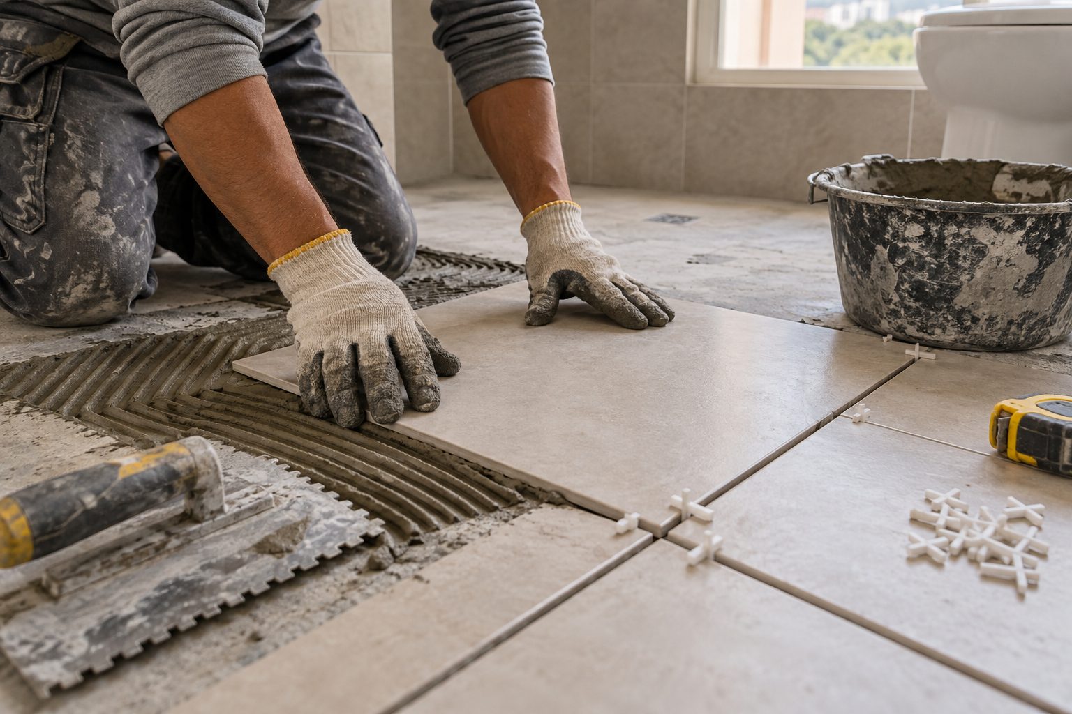Manos de un maestro con guantes asentando una baldosa de cerámica en el piso de un baño en remodelación