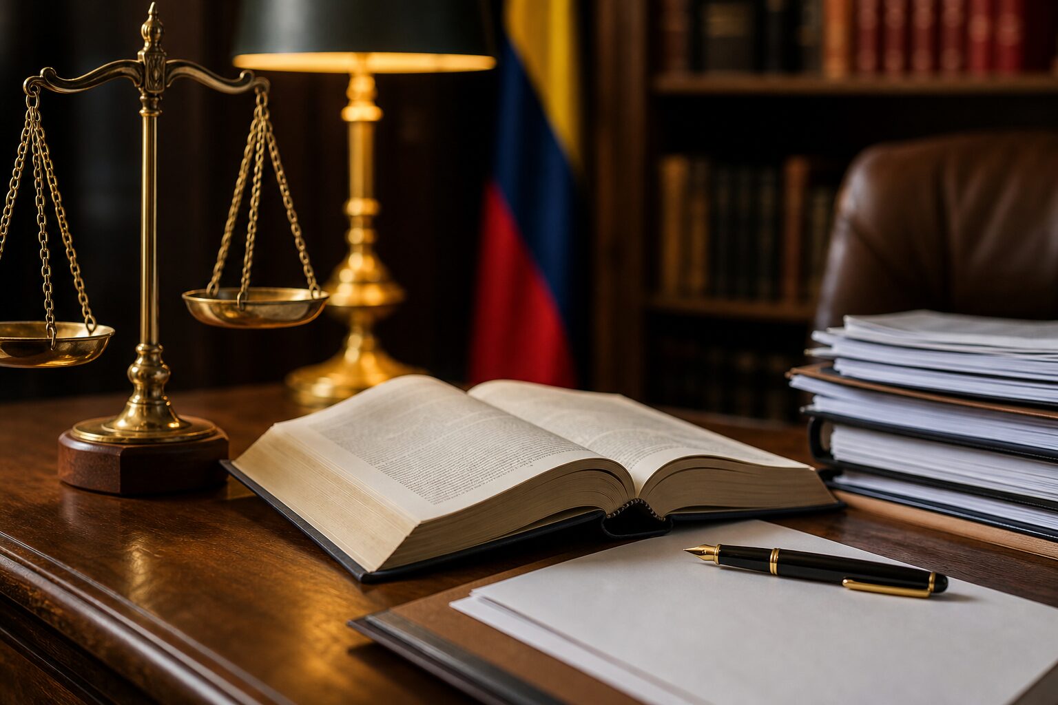 Escritorio de abogado laboralista con código de trabajo y balanza